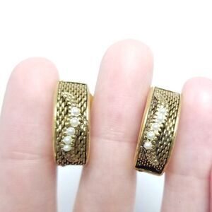 Vintage Half Hoop Clip On Earring, Gold Tone Faux Pearl Huggie Style, Estate